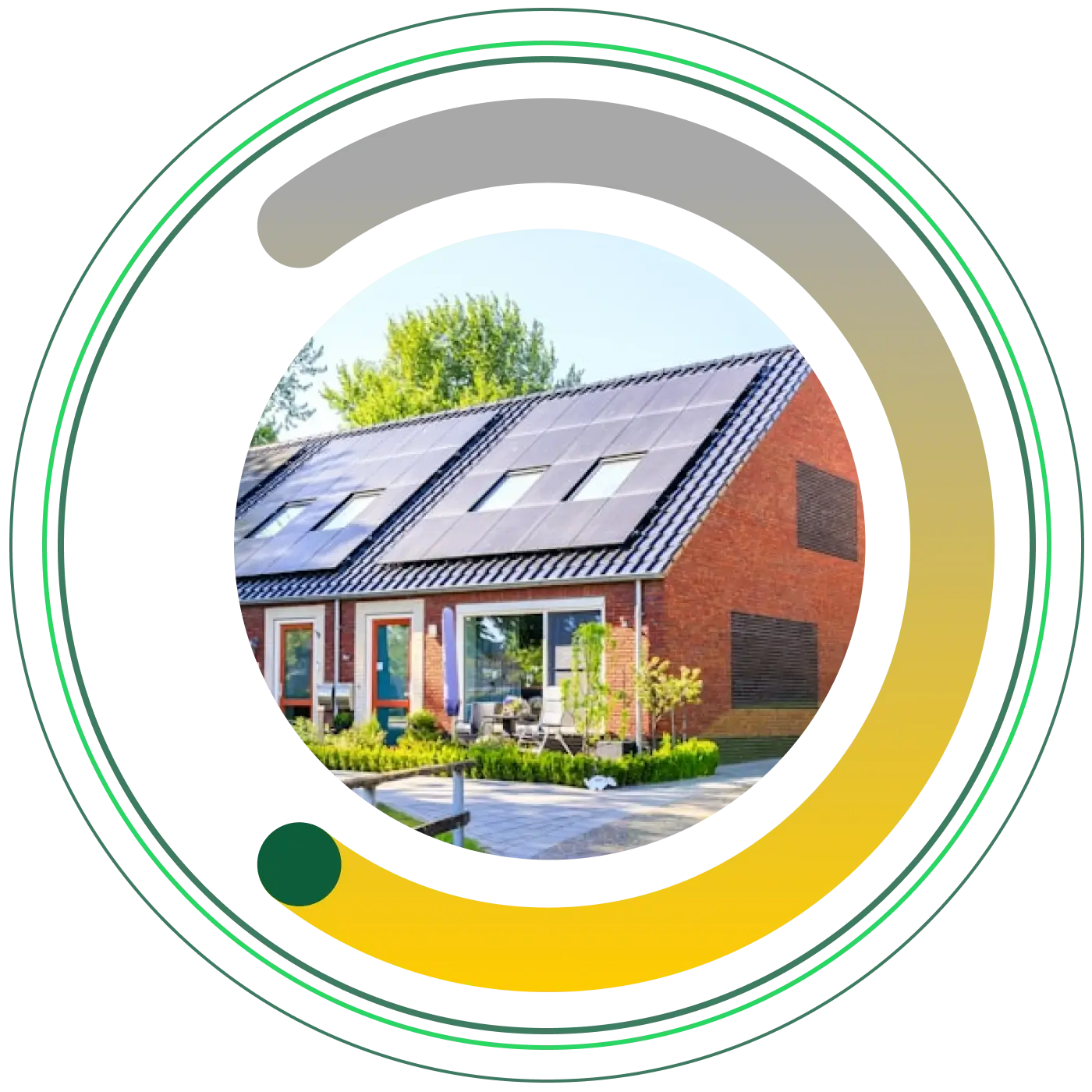 A modern red brick house with solar panels on the roof, in a green and friendly looking street.